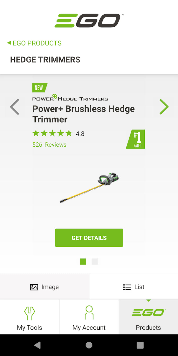 Das Bild zeigt eine Werbung für die „EGO Connect App“ mit dem Text „Kontrolliere deine EGO Power+ Geräte“ vor einem grün-schwarzen Hintergrund.