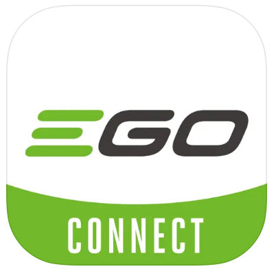 Das Bild zeigt eine Werbung für die „EGO Connect App“ mit dem Text „EGO Connect - Deine Geräte im Griff“ vor einem grün-schwarzen Hintergrund.