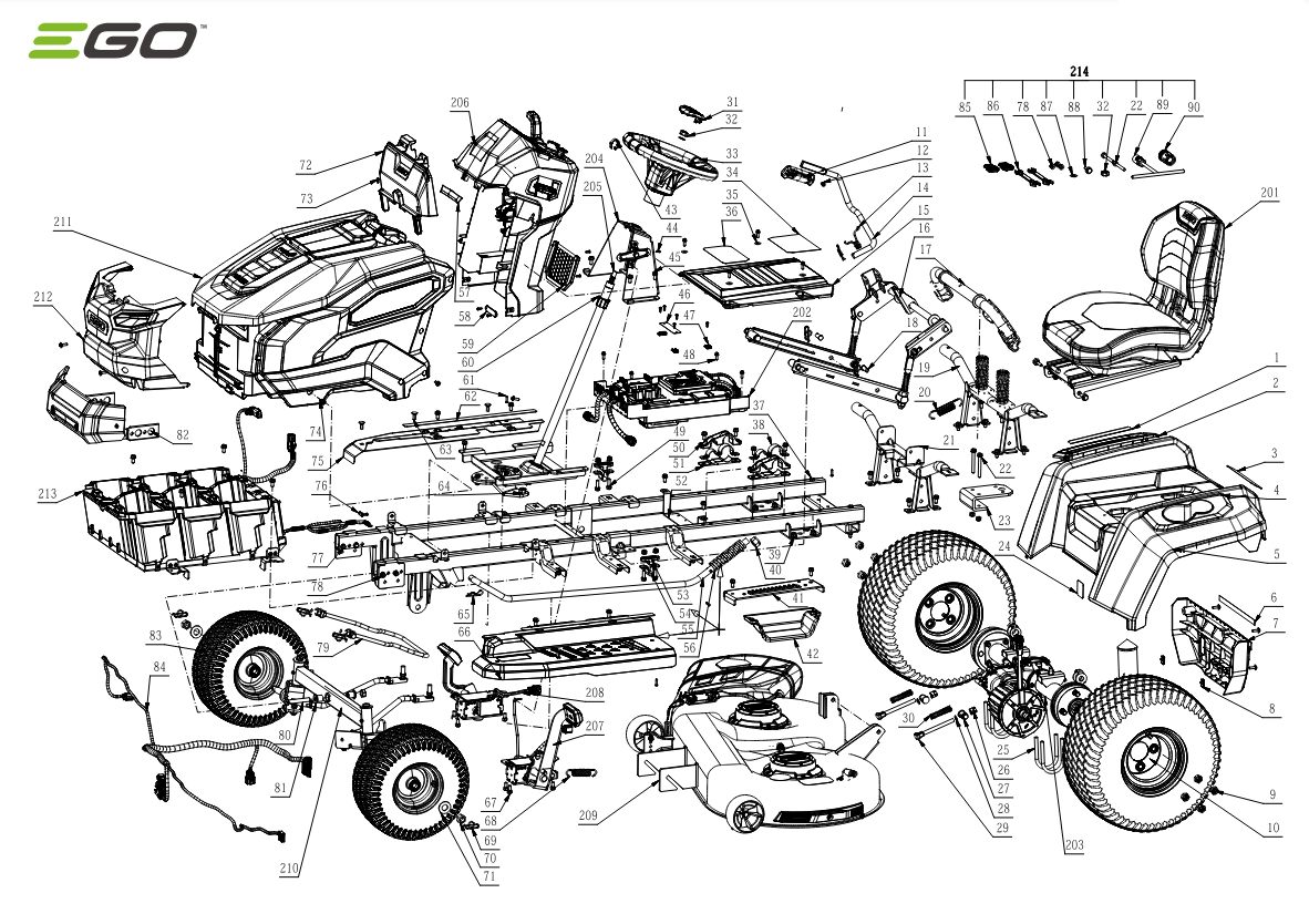 Explosionszeichnung eines EGO Power+ Aufsitzrasenmähers mit beschrifteten Ersatzteilen und Komponenten. Das Diagramm umfasst den Sitz, die Räder, den Motor und verschiedene mechanische Teile, die für den Ersatzteilservice relevant sind. Das Markenlogo „EGO“ befindet sich in der oberen linken Ecke.