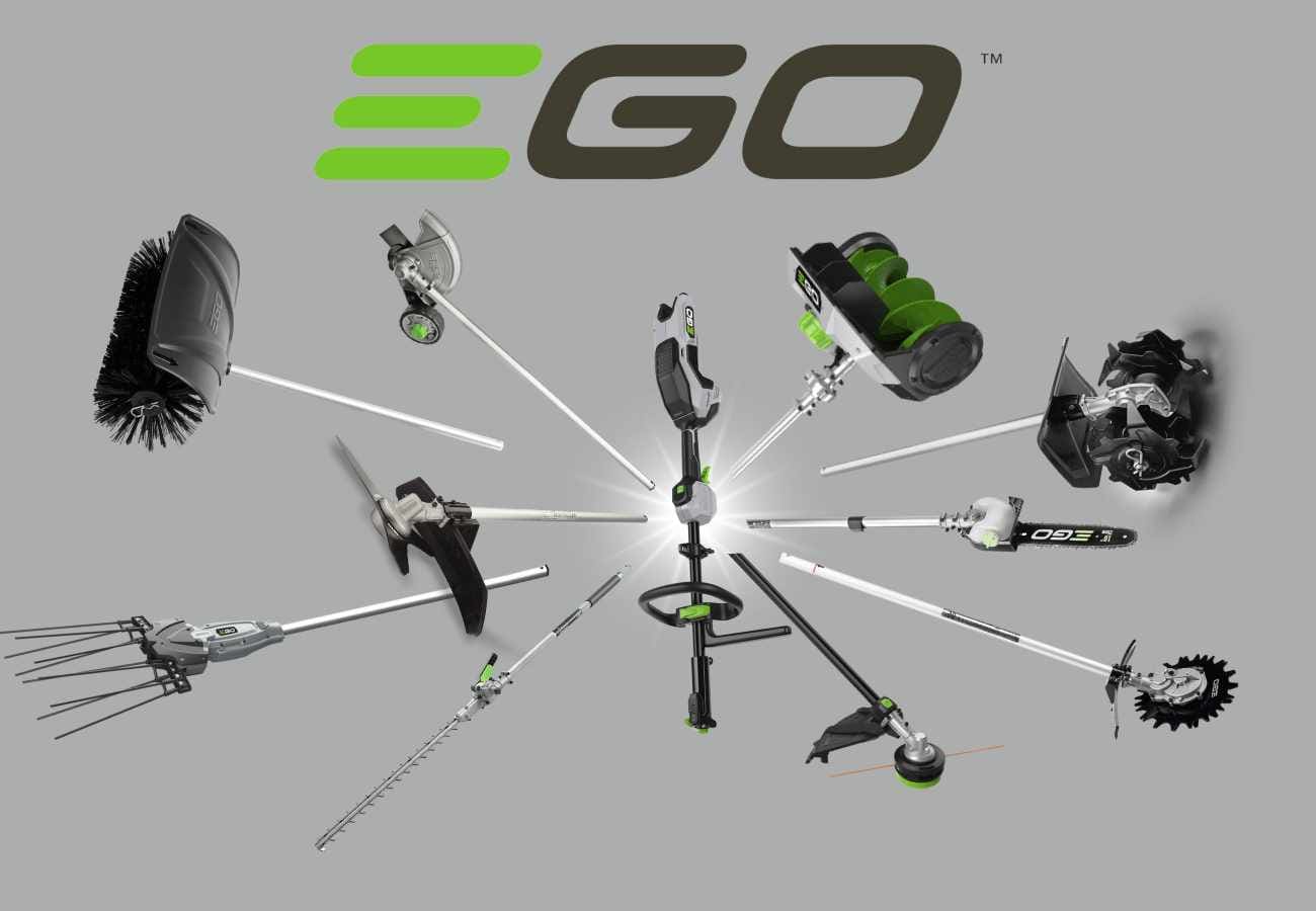 EGO Power+ Multitool mit allen Anbaugeräten als Übersicht