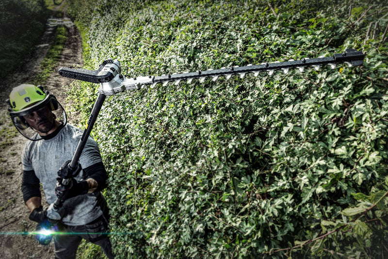 Mann schneidet Hecke