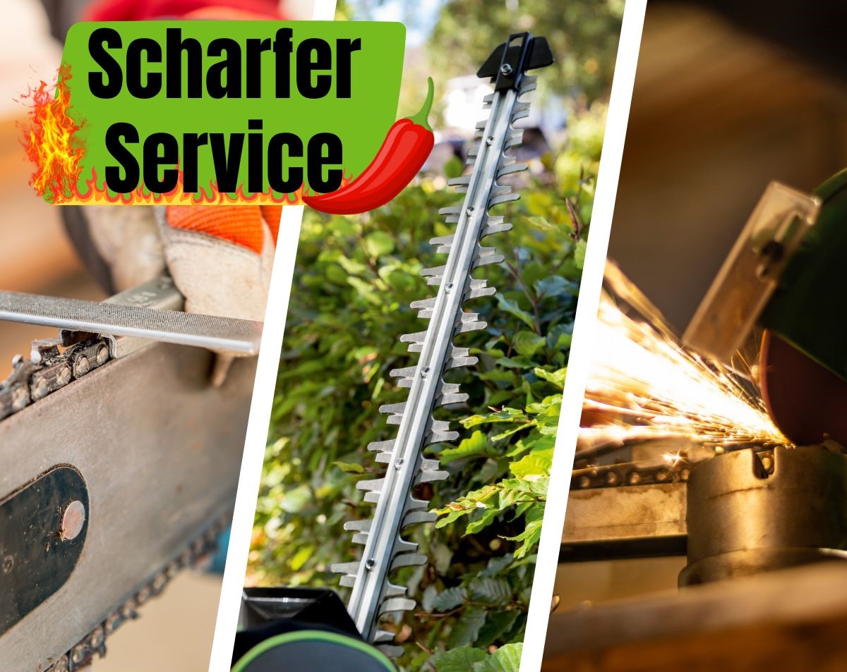 Collage einer Kettensäge beim Schärfen, einer Heckenschere im Einsatz und Funken von einem Schleifwerkzeug. Der Text lautet „Scharfer Service“.