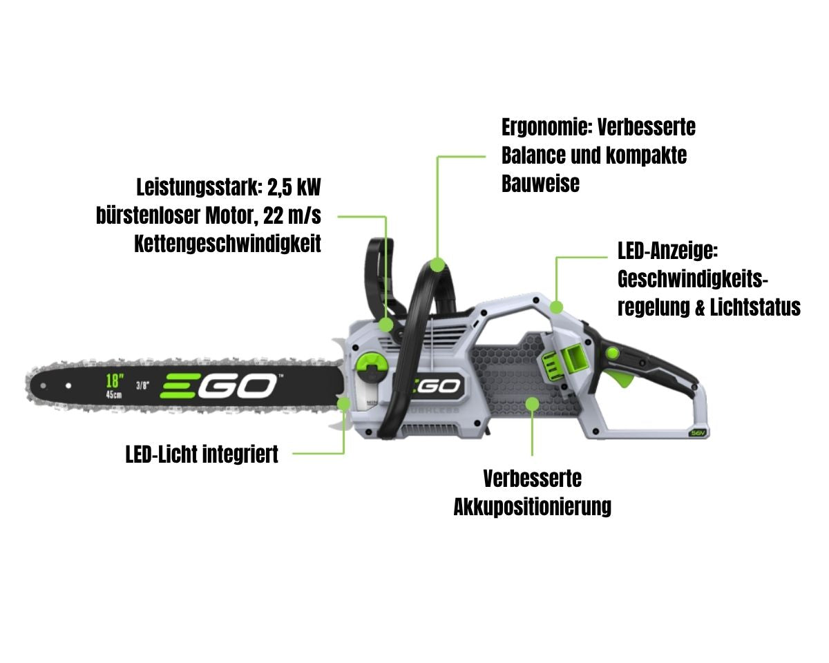 Produktdetails der EGO CS1810E Kettensäge mit 45cm Schwertlänge - EGO Produktneuheit 2026